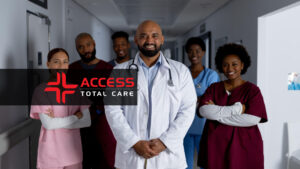 happy african american doctors standing in corridor