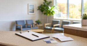 A check-in desk at a clinic with a clipboard, pen, photo ID and insurance card laid out in warm daylight.