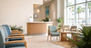 A quiet, sunlit urgent care waiting room with empty chairs and a front desk.