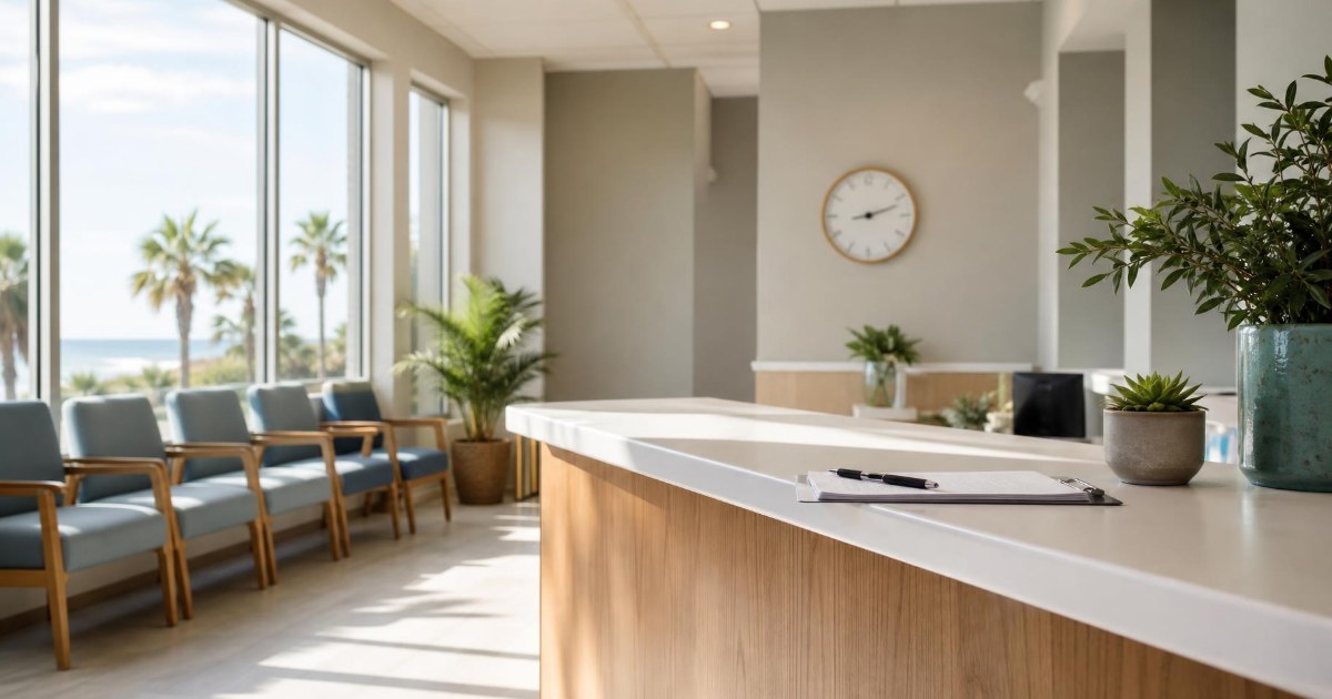 An empty, sunlit urgent care waiting room with a front desk, clipboard and a row of chairs by a window.