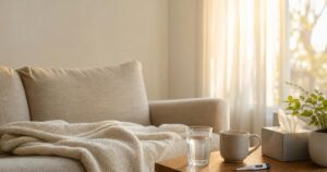 A cozy living room with a blanket, glass of water, tissues and thermometer on a table in soft morning light.