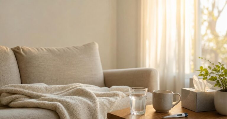 A cozy living room with a blanket, glass of water, tissues and thermometer on a table in soft morning light.